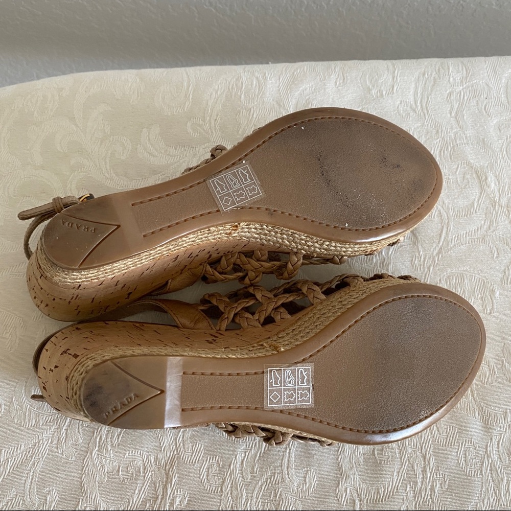 Prada beige Braided Leather Cage Wedge platform Espadrille Sandals - Picture 8 of 11